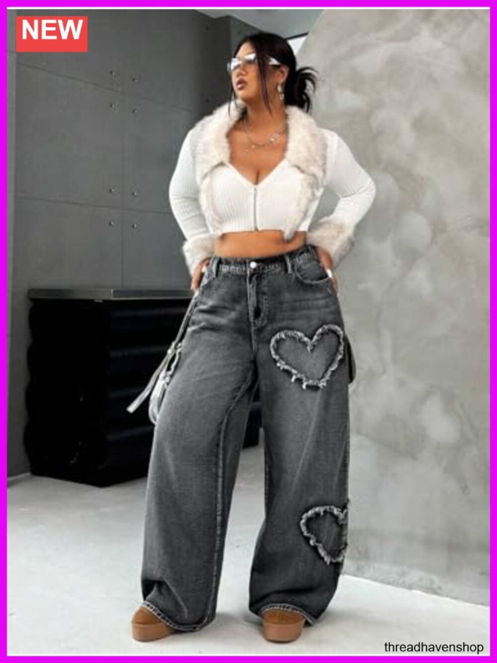 High Waisted Wide Leg Distressed Heart Pattern Jeans Stretch Denim - Picture 5 of 5